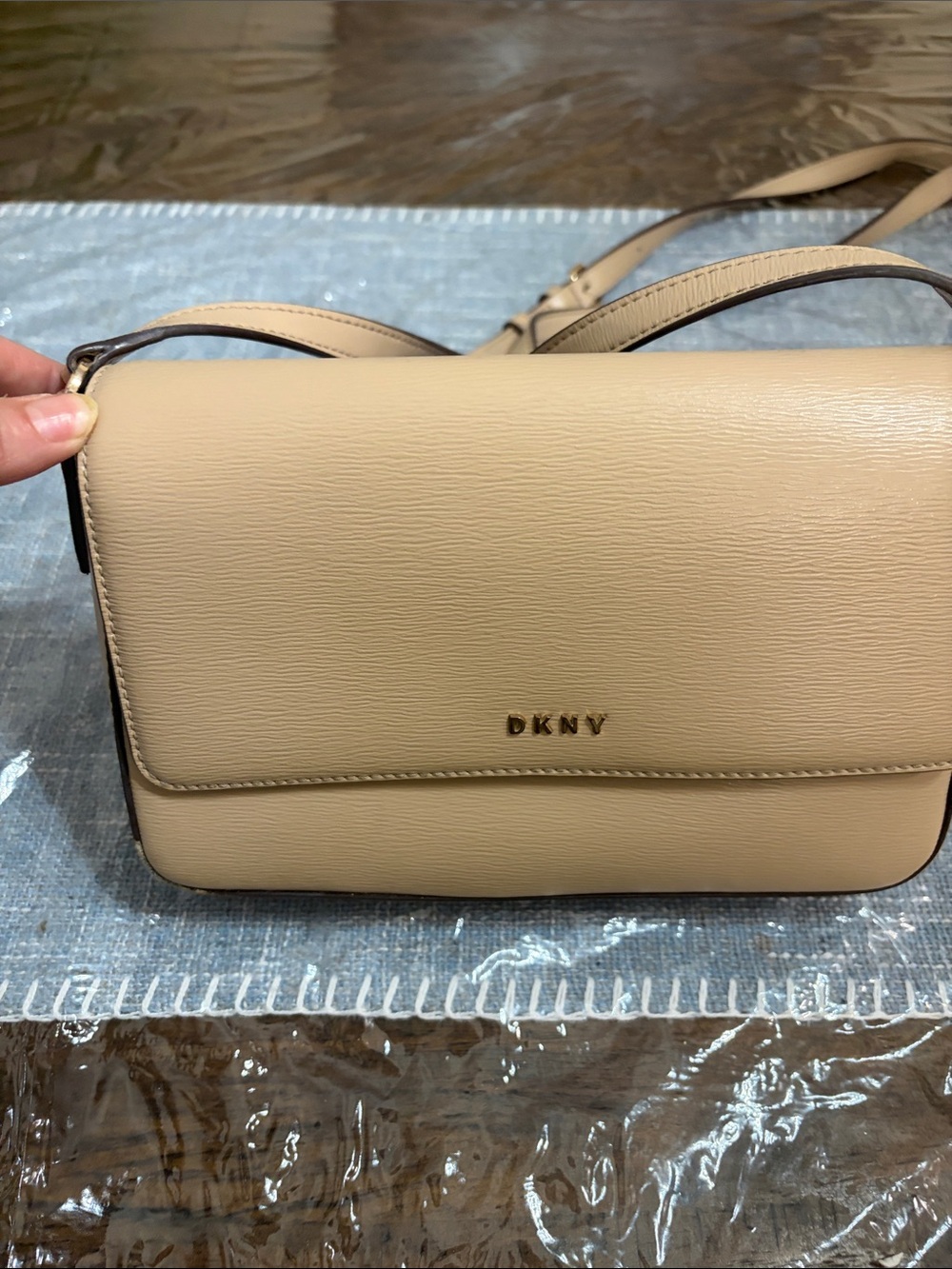 DKNY Taupe-Beige Leather Crossbody Bag with Gold Logo
